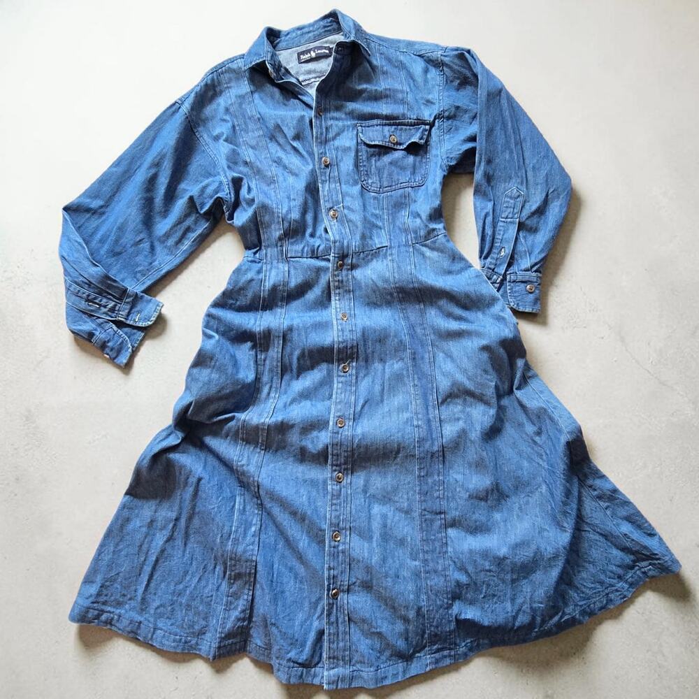 Vintage Ralph Lauren USA Denim Shirt Dress Size 12 Cotton Western Prairie Midi - Picture 10 of 10